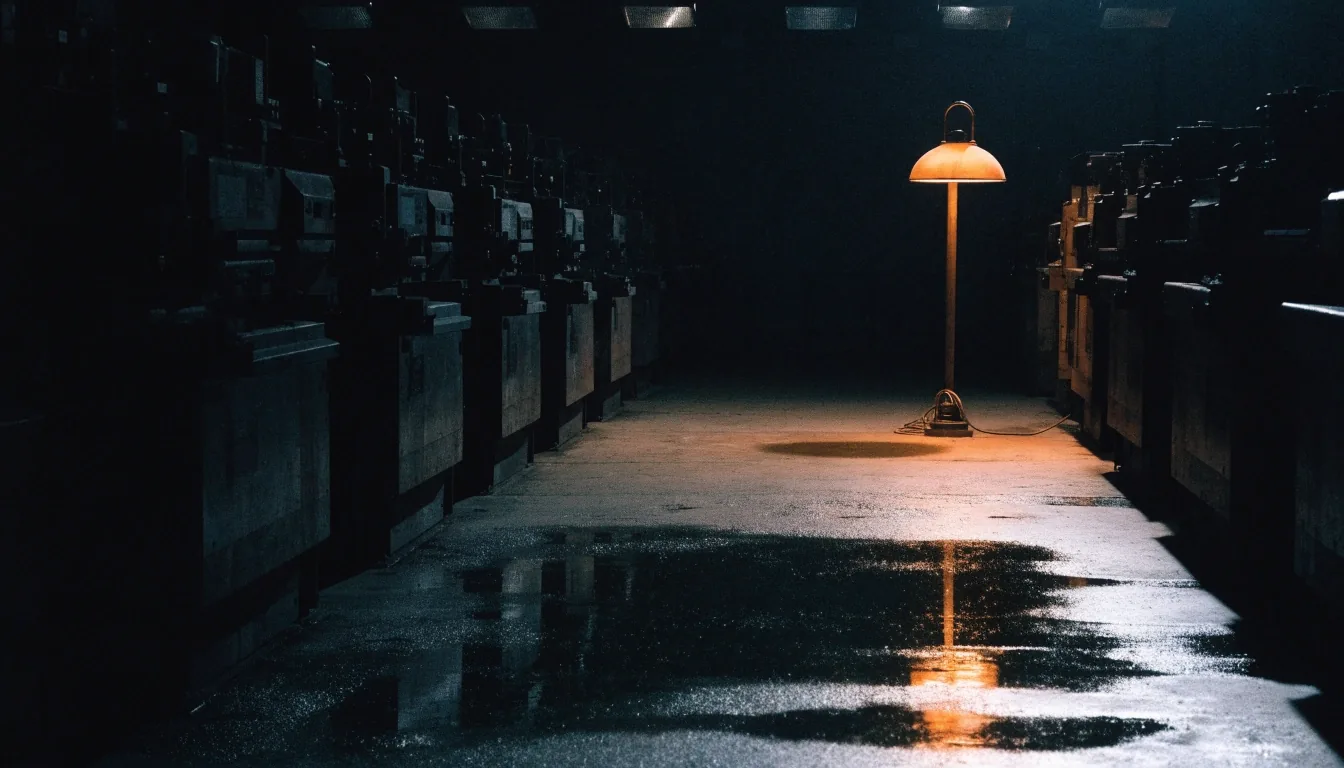 An idle press room floor at night with printing machines in shadow and a single service lamp