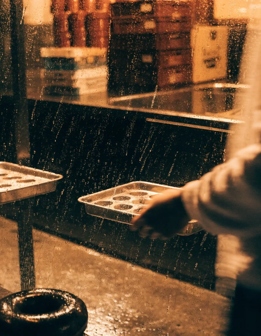 A doughnut shop counter at night seen through rain-streaked glass under warm amber light