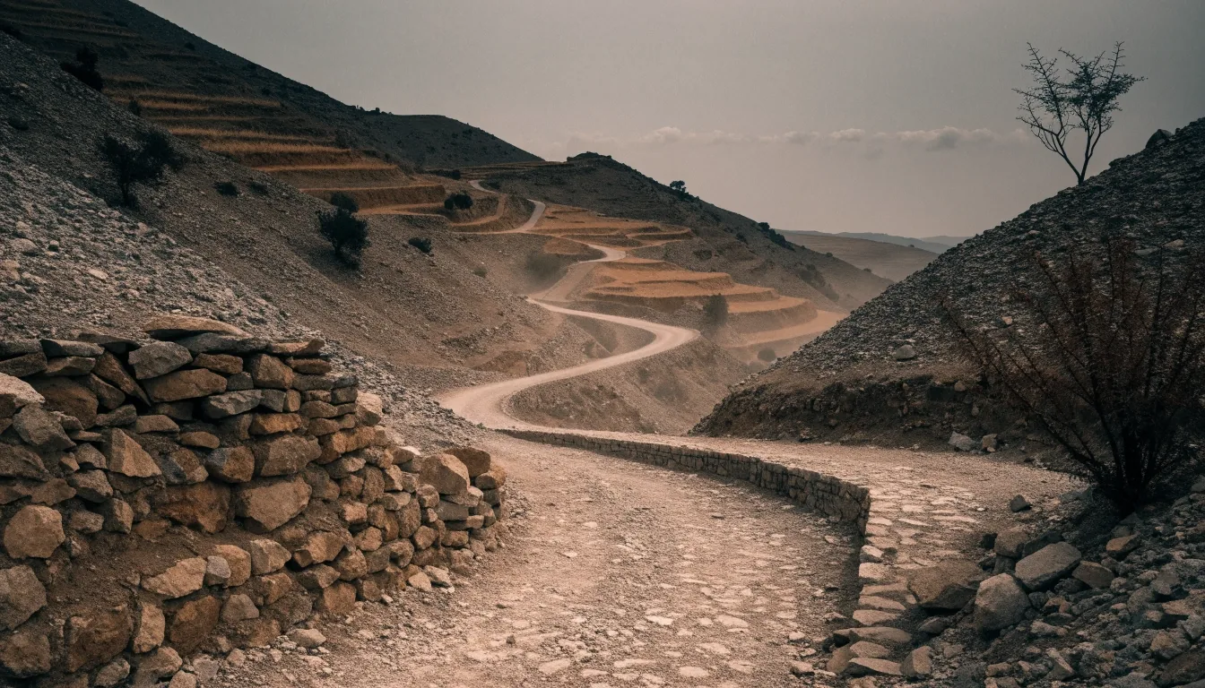 Mountain road switchbacks in the dry highlands at dusk under a grey sky
