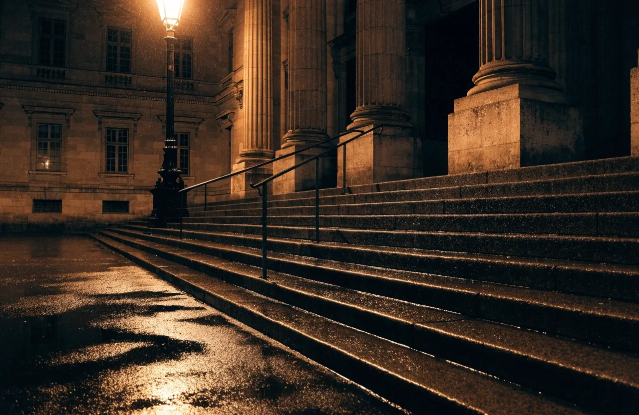 Rain-wet stone steps and columns of a government building at midnight under amber street light