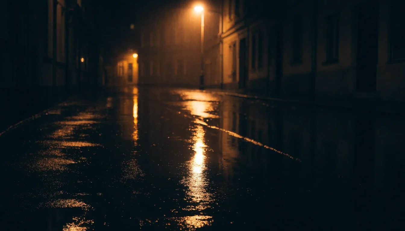 A rain-wet street at midnight under sodium streetlight, wet asphalt in shadow