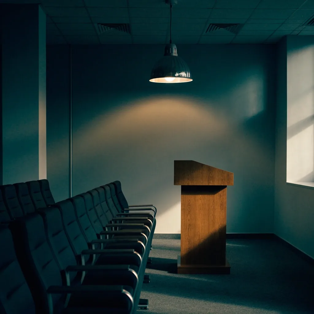A quiet pressroom floor at dawn with wire trays and folded newsprint in shadow