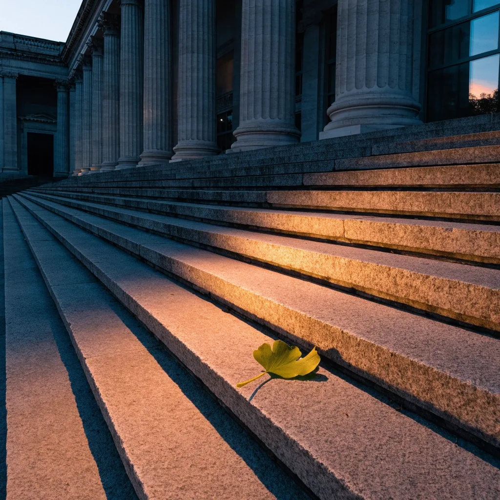 Stone steps and columns of a government building exterior at dusk