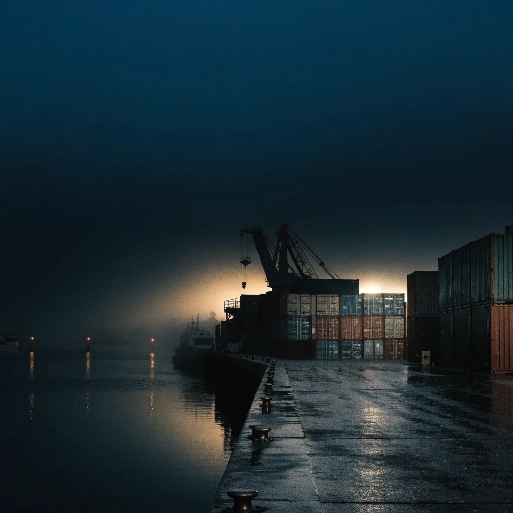 A working harbour quay before sunrise, wet concrete and dock lamps reflecting on dark water