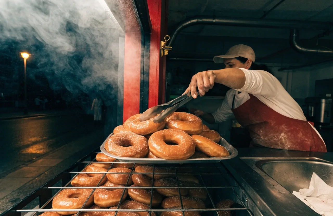 Hands lifting a tray of doughnuts behind a rain-streaked shop window at night